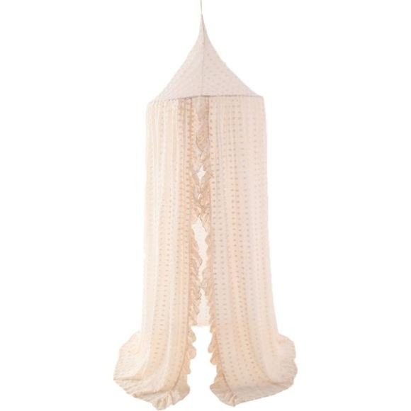 Elegant Kids Bed Canopy - Lace Chiffon Netting with Pom Pom (Beige) - Picture 1 of 6